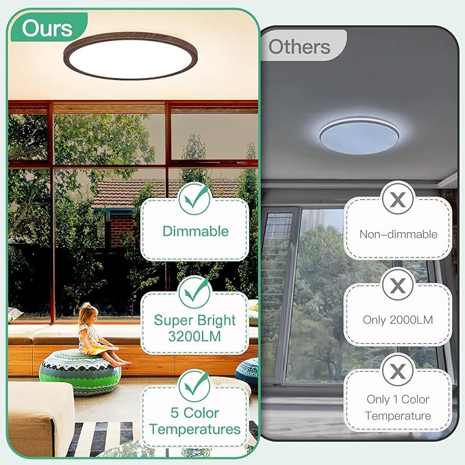 Brightever Walnut Wood LED Flush Mount Ceiling Light, 12 Inch 24W 3200LM Close to Ceiling Light Fixtures, Dimmable & 2700K-6500K 5 Color Selectable Light Fixtures Ceiling Mount, 1 Pack