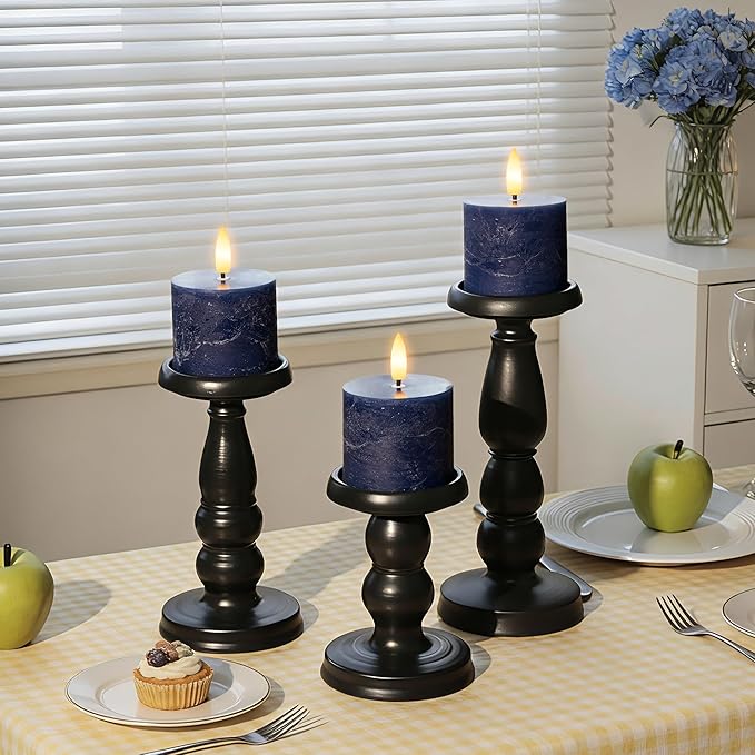 Navy Blue Flameless Candles with Remote and Timer, 3"x3" Real Wax Battery Operated Pillar Candles with 3D Flickering Flame, Set of 3