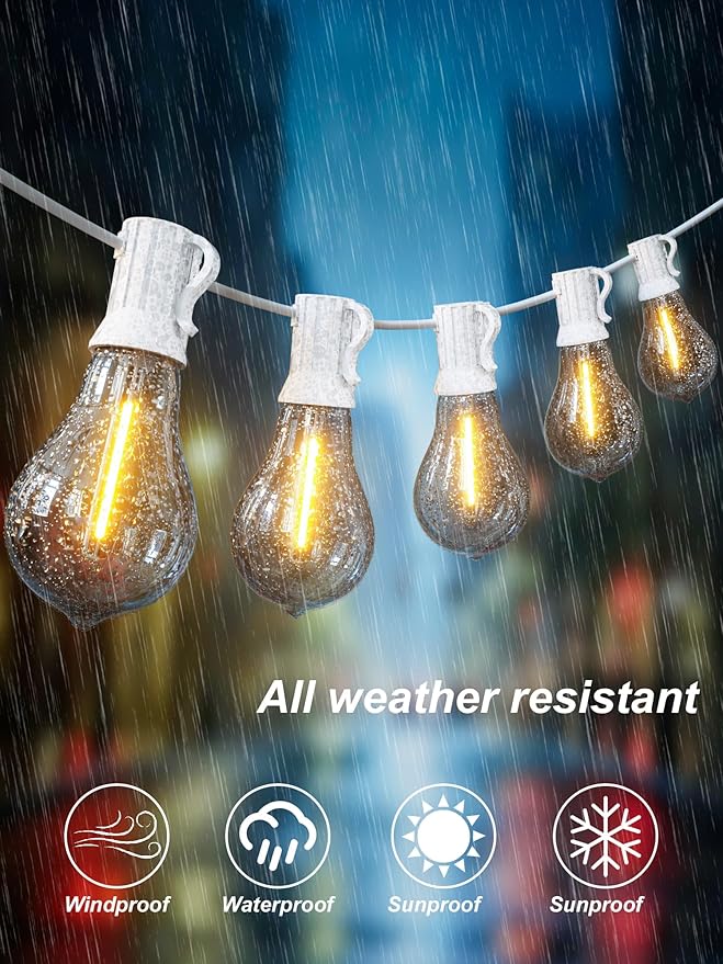 DAMAING Outdoor String Lights 120FT Waterproof Patio Lights with 63 Plastic Dimmable Edison LED Bulbs,Connectable Outdoor Lighting for Backyard,Garden and Wedding Outside, 2200K White Cord