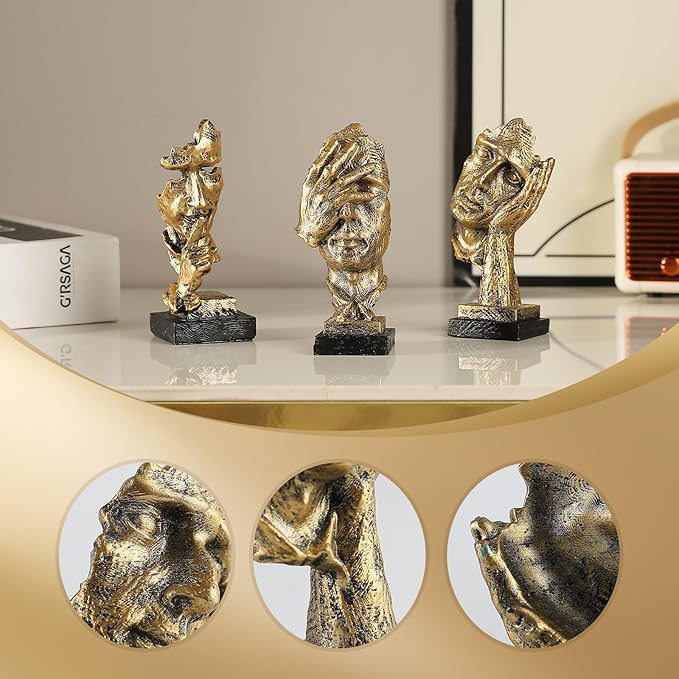 Modern Living Room Decoration - Gold Abstract Sculpture Decor for Shelves, Thinker Statues Set of 3, Resin Face Knick Knacks Home Decor for Office Bookshelf, Table, Gift for Friends