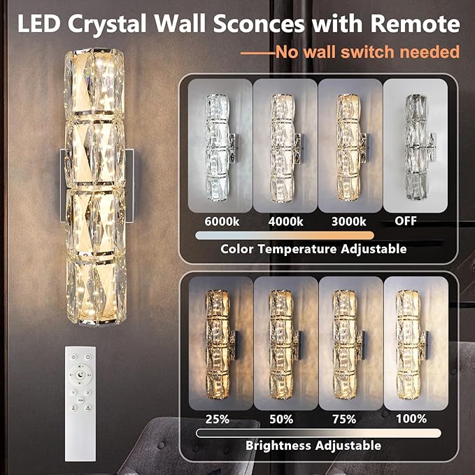 Modern Crystal Wall Sconces in Chrome Finish, LED Crystal Wall Light Fixtures with Remote, Luxury Vanity Wall Lamp Indoor for Bedroom Living Room Hallway Stairway Bedside, 3000K-6000K Dimmable