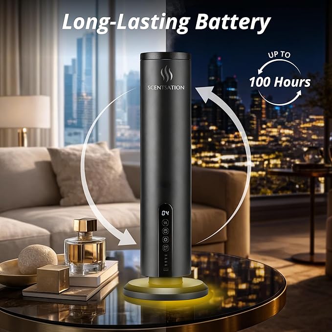 Diffuser Tower Wireless - Essential Oil Fragrance - 1500 SqFt Wide Coverage – Cordless Rechargeable Waterless Aromatherapy, 8-Day Battery, Aluminum Body, Idead Home Office Spa Hotel Bedroom