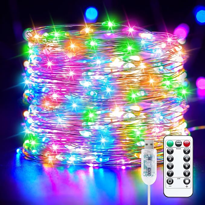 Fairy Lights Plug in, 66FT 200LEDs USB Twinkle Lights with Timer and Remote, Starry String Lights 8 Modes for Wreath Wedding Party Indoor Christmas Decoration, Multicolor