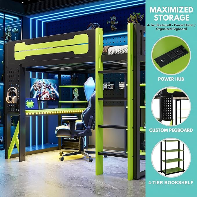 MERITLINE Ultimate Gaming & Study Loft Bed: Full Size Wood Frame with Integrated Desk, RGB Lights, Charging Station, Bookshelf & Pegboard (Black+Green)