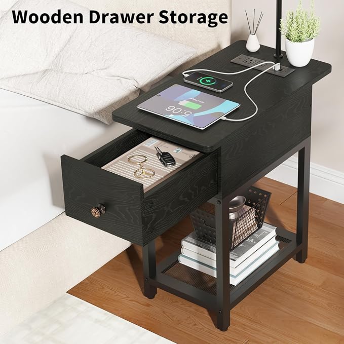 Floor Lamp with Table, Side Table with LED Light and Charging Station, Narrow End Table with Lamp Attached, Nightstand with Storage Drawer for Living Room, Bedroom, Black
