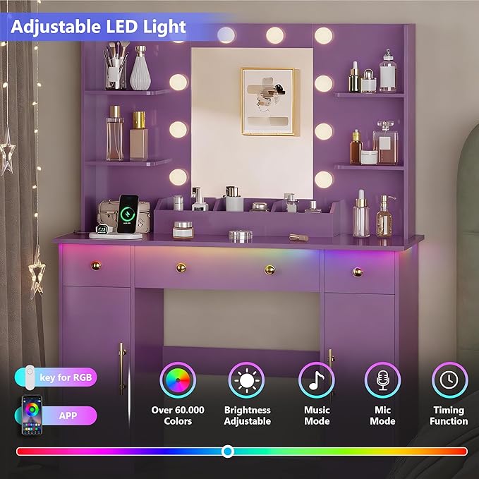 Vanity Desk with Mirror and Lights, Makeup Vanity with Mirror and LED Lights & Power Outlet, 3 Drawers and Cabinets, 3 Lighting Modes Dressing Table Set for Girls Women Bedroom,Purple