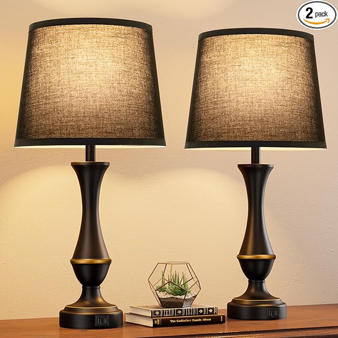 Seealle Upgraded Touch Lamps for Night Stands Set of 2 - Bedside Lamps with USB C+A, 3 Way Dimmable for Bedroom Living Room End Tables Office (Black)