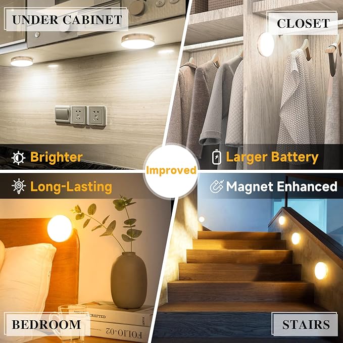 Improved LED Rechargeable Motion Sensor Light Indoor, Bright & Long-Lasting Battery, Stick-On Motion Sensor Puck Night Lights for Closet, Cabinet, Kitchen, Hallway, Stairs - Cool 2Pack