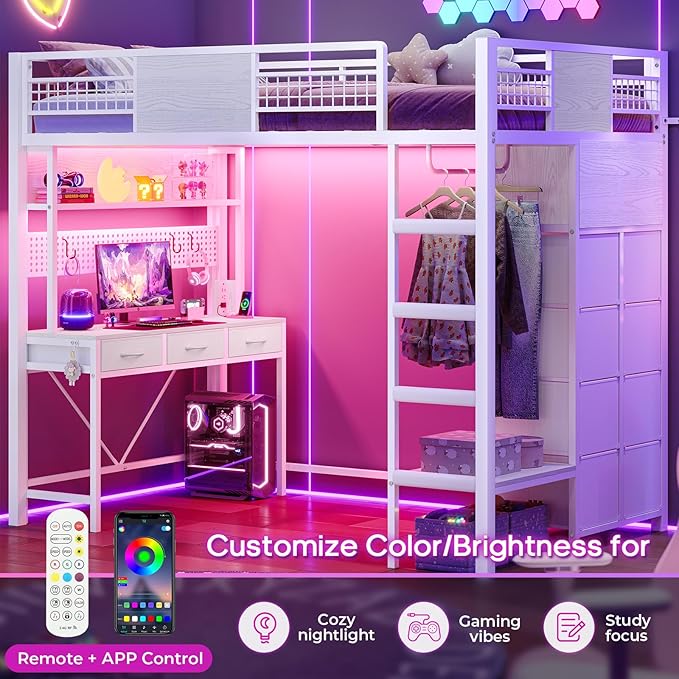 ADORNEVE Twin Size Loft Bed with Desk, 11 Storage Drawers & RGB LED Lights, Metal Loft Bed with Power Outlet, Shelves & Clothing Rack, 13.4" H Safety Guard & Paded Ladder, White