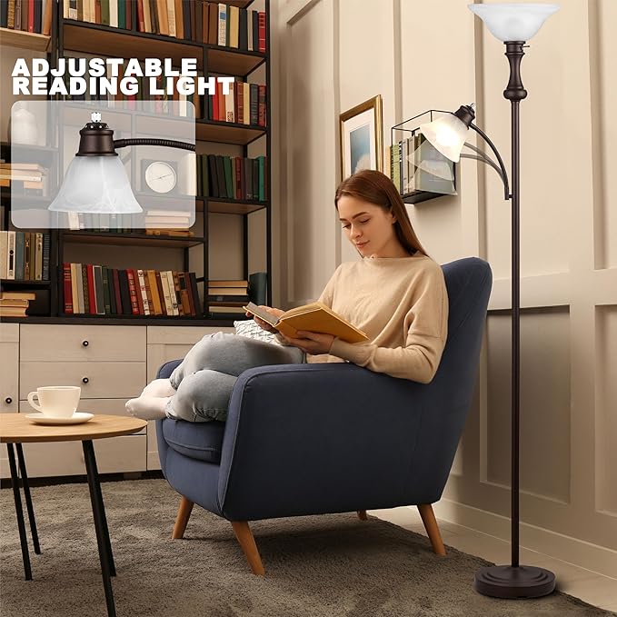 71'' Floor Lamps for Living Room, Tall Floor Lamp for Bedroom with Adjustable Angle Arc Reading lamp, Modern Torchiere Standing lamp with Glass Shade, Knob Switch, Bulb Included, Red Brown