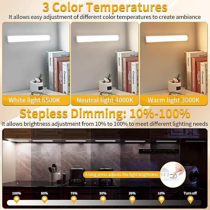 Wireless Under Cabinet Lighting 12 Inch 3 Pack, Magnetic Motion Sensor Light Indoor USB C Rechargeable Closet Lights, 3 Color Dimmable LED Night Light Stick on Under Counter Lights for Kitchen Stairs