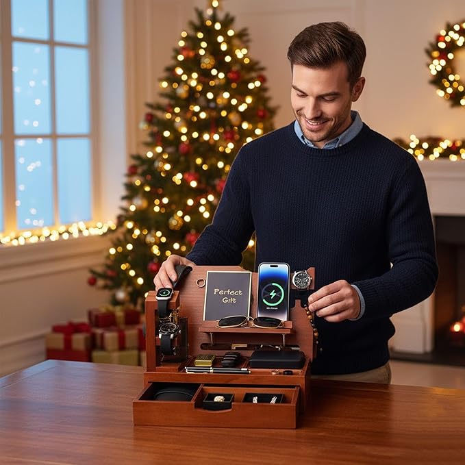Nightstand Organizer for Men with Large Drawer, Wood Phone Docking Station for Phone, Apple Watch, Wallet & Keys, Ideal Birthday Gift for Father Husband, Bedside Desk Organizer (Walnut)