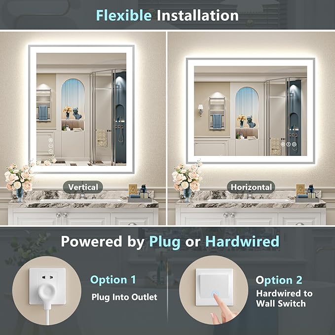48x32 Brushed Nickel LED Bathroom Mirror with Lights, Sliver Framed Backlit and Front Lit Anti-Fog Lighted Vanity Mirrors for Bathroom Wall, Dimmable, 3 Colors, Memory, Tempered Glass, CRI＞90