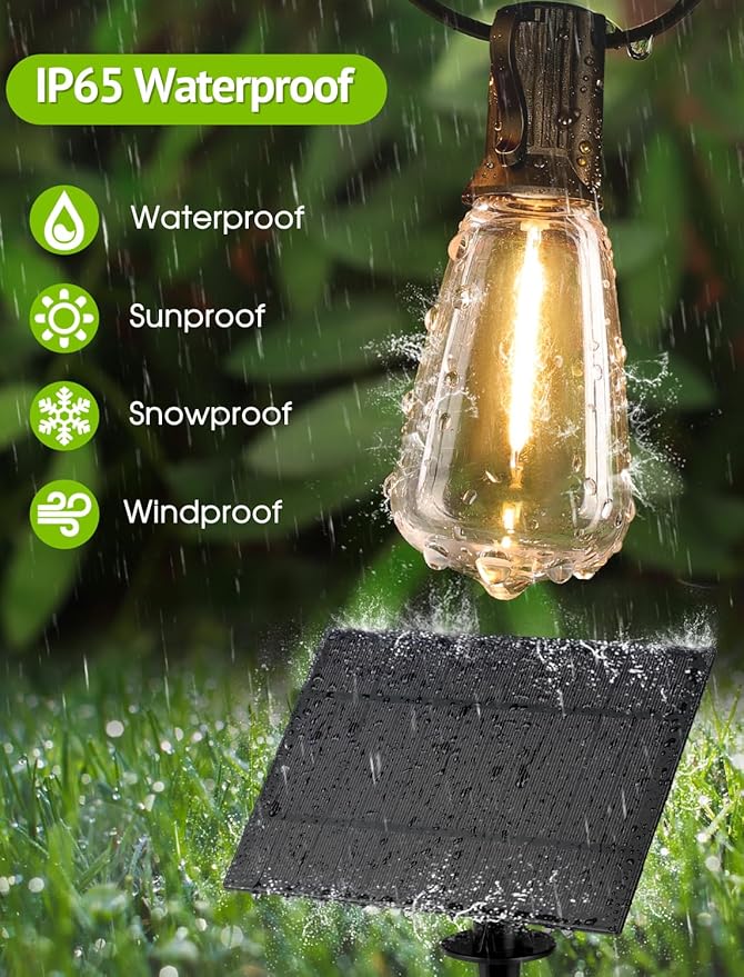 48FT Solar String Lights Outdoor with Remote, Waterproof Dimmable Patio Lights with 15+1 LED ST38 Bulbs 3 Modes Hanging Lighting for Backyard