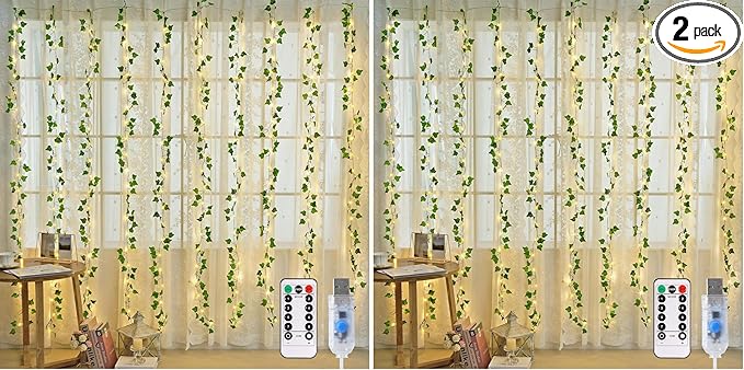 JMEXSUSS Vines Lights for Bedroom, 200 LED Vines Fairy Lights, Artificial Ivy Leaf Light for Wall Curtain Wedding Party Christmas Indoor Decor, 6.5ft x 6.5ft with Remote (Pack of 2)