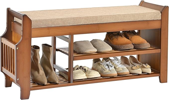 Shoe Bench with Hidden Drawer and Side Holder, 2 Tier Entryway Bench with Storage 39.4 in, Bamboo Shoe Rack with Cushion for Entryway Hallway Living Room Bedroom