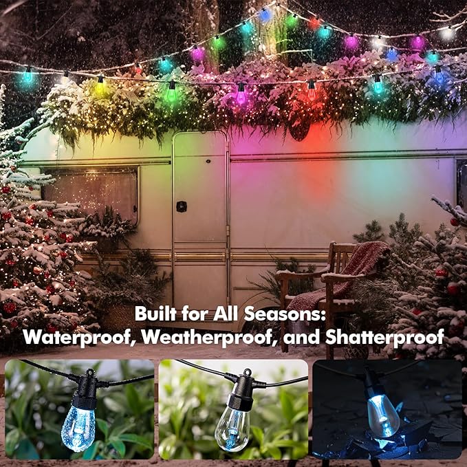 Outdoor String Lights Waterproof Patio Lights 52FT 20 RGBW Dimmable LED Bulbs, APP & Remote Control, Shatterproof Hanging Color Changing Lights for Outside Backyard Party Porch Balcony (52FT)