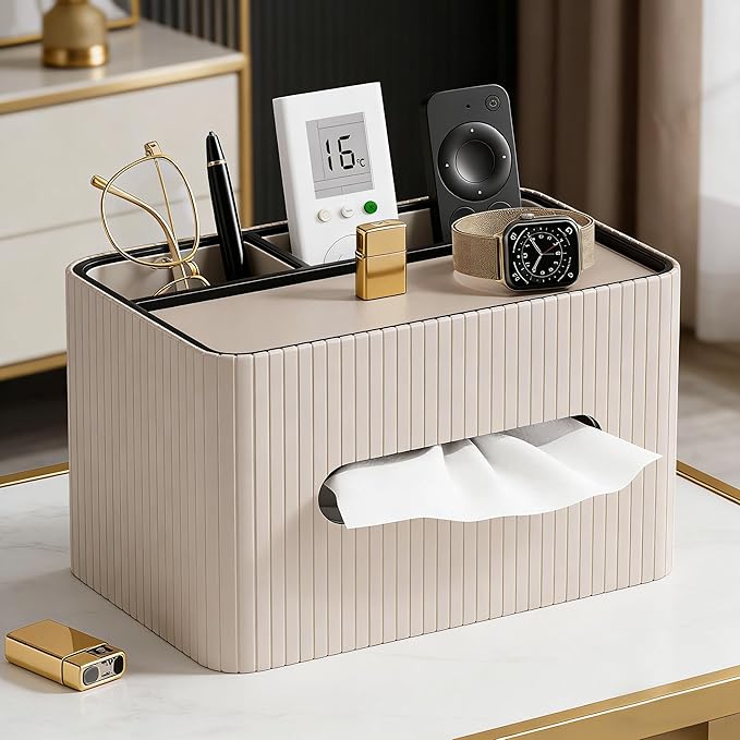 KINGFOM Leather Tissue Box Cover with Storage Tray, Decorative Tissue Box Holder Organizer for Office Desk, Bedroom & Nightstand, Remote Control Holder for Perfume, Watch, Glasses, Pens (Mocha Beige)