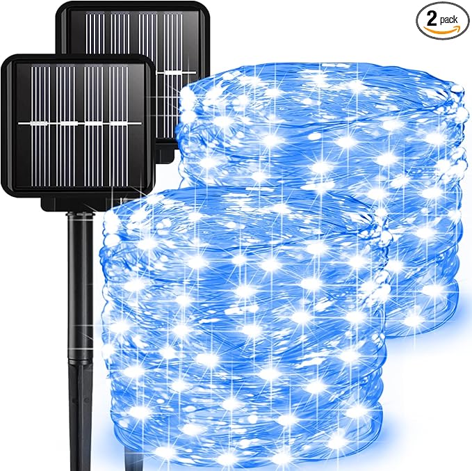 2 Pack Solar Fairy Lights Outdoor, 33 Feet 100 LEDs 8 Modes String Lights for Outside, Waterproof Solar Outdoor Light for Patio Yard Christmas Tree Halloween Wedding Party Decorations, Blue