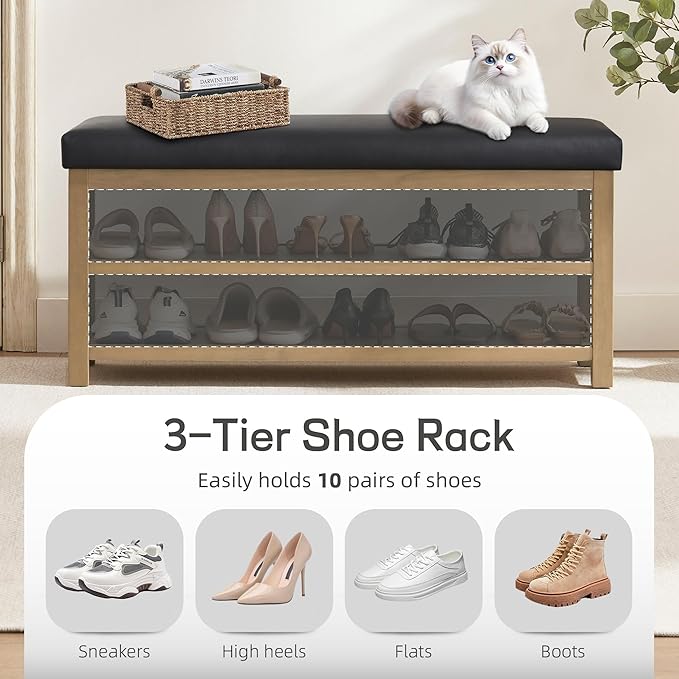 Shoe Rack Bench with Leather Cushion, 2 Tier Solid Wood Storage Bench, Mid-Century Modern Shoe Bench for Entryway, Hallway, Closet, Front Door Entrance, Foyer (Black, 46.5)