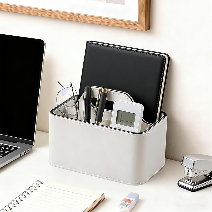 Caddy Organizer with Handle, PU Leather Remote Control Holder Desk Caddy, Portable Makeup Remote Organizer for Table, Nightstand, Office (Cream)