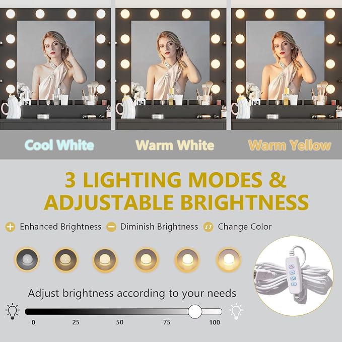 Vanity Desk with Mirror and Lights, 43'' Black Makeup Dressing Table Set with 5 Drawers & Chair, Power Outlet, 3 Lighting Modes Adjustable Brightness & RGB LED for Women Girls Bedroom Bathroom