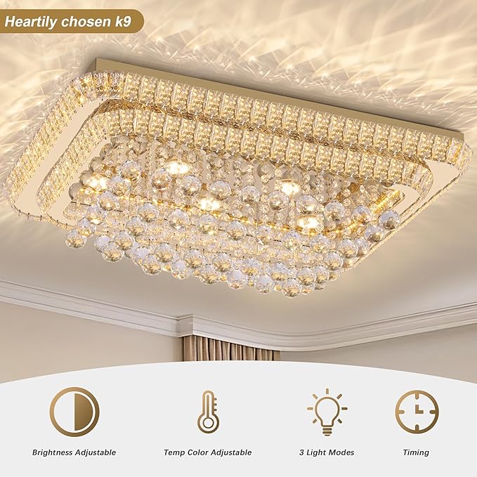 32 inch Crystal Flush Mount Chandelier, Modern Raindrop Crystal Gold Chandeliers with Remote and APP, 3 Colors Temp & Brightness Adjustable, Ceiling Light for Bedroom Hallway DiningRoom Living Room