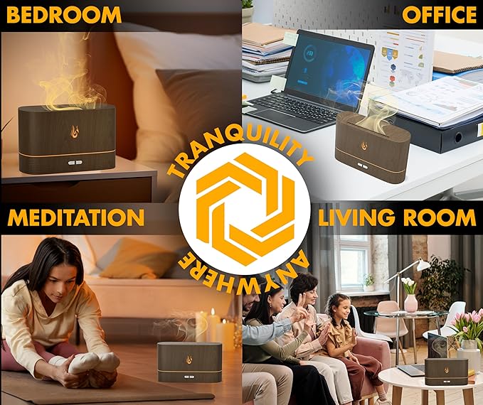Colorful Aroma Essential Oils Diffuser for Home, Quiet Cool Mist Flame Humidifier for Bedroom with Remote, Fire Flame Diffuser Humidifier with Scent (Dark Wood)