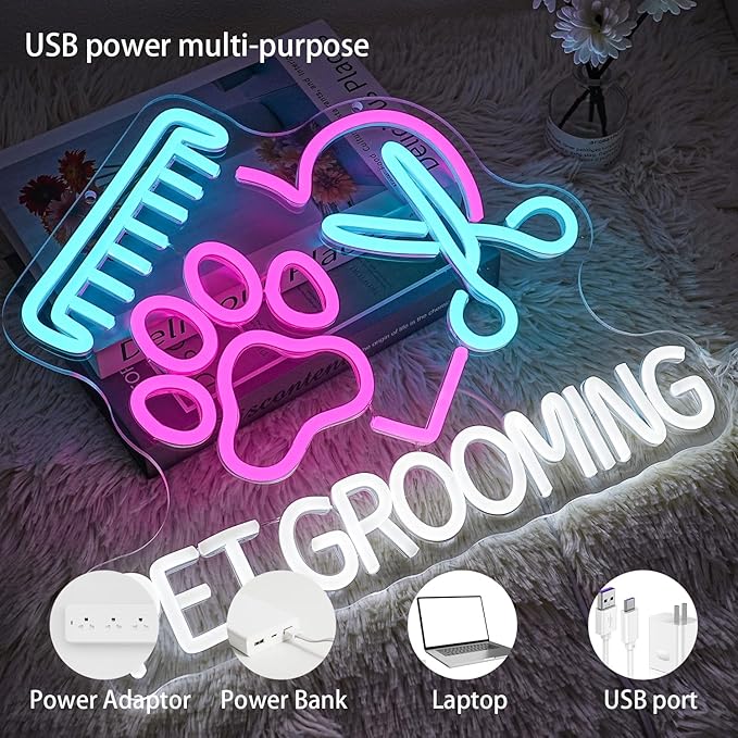 Pet Grooming Neon Sign for Wall Decor, Dimmable Paw Grooming Salon Neon Light, USB Powered Dog Grooming Led Light Up Open Sign for Pet Shop,Pet Hospital,Pet Salon Store Wall Art