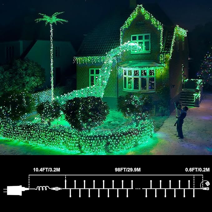 LAMPHOME 99ft St Patricks Day Green String Lights, 300 LED Transparent Wire Fairy StarryMini Light Plug in, 16Lighting Modes for Indoor Outdoor Xmas Tree Wedding Party Decoration