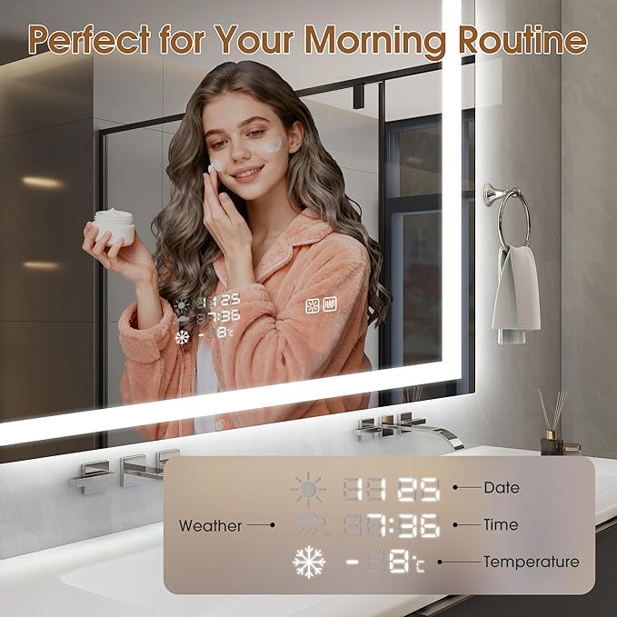 STARLEAD 28"x36" LED Bathroom Mirror with Built-in Clock, Dimmable Lighting, 3 Color Temperature, Anti-Fog, Touch Control Wall Mounted Vanity Mirror
