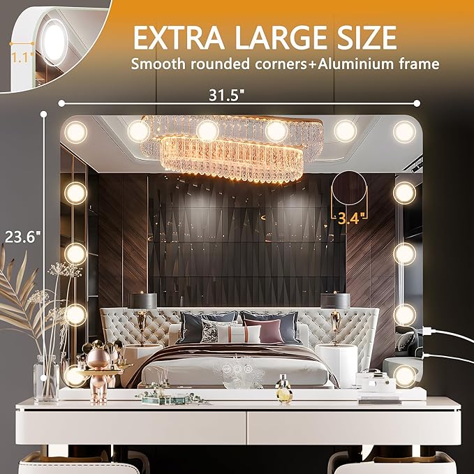 Hasipu Vanity Mirror with Lights, 32" x 24" Makeup Mirror, Light up Mirror with 14 Dimmable LED Lights and 10X Magnification, 3 Colors Modes, Touch Control, USB Charging Port, White (Round)