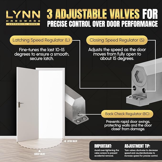 LYNN HARDWARE Medium Duty Automatic Door Closer (Silver) - Highly Durable Cast Aluminum, Commercial or Home Use, Adjustable Speed Controls, 3 Mounting Options, 3 Hour Fire Rated (DC6003 Model)