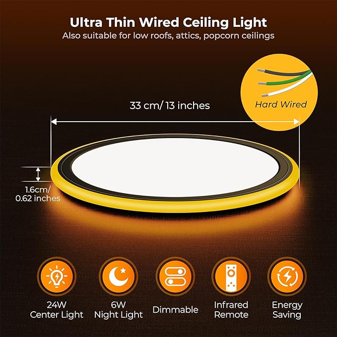 BLNAN 13in LED Flush Mount Ceiling Light Fixture with Remote Control, Dimmable Night Light 2000K, 3000K-6500K 24W Wired Low Profile Light for Bedroom, Kitchen, Living Room, Round Black