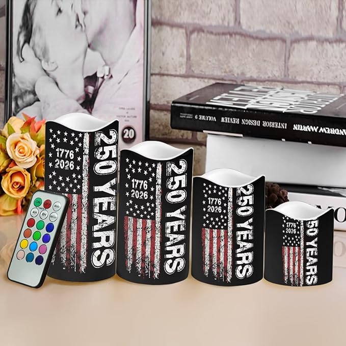 American Flag Battery Operated LED Candles 1776-2026 250th Anniversary Flameless Flickering Remote Independence Day Patriotic Candle Celebratory Decor for Fireplace Porch, 4 Pack