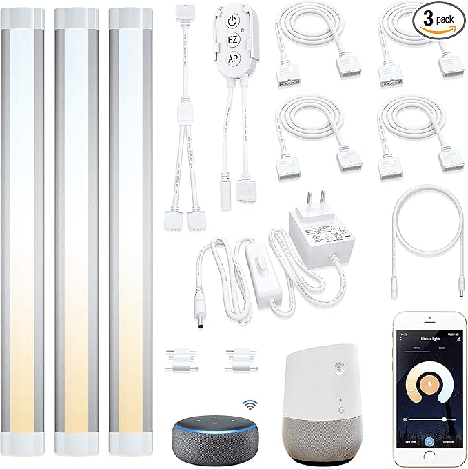 Smart Under Cabinet Lights Work with Alexa, Google,Siri, LED Light for Kitchen Shelf Counter Lighting with App, Voice Activated Dimmable and Linkable Warm to Cool White (3 Lights Bar Kit)