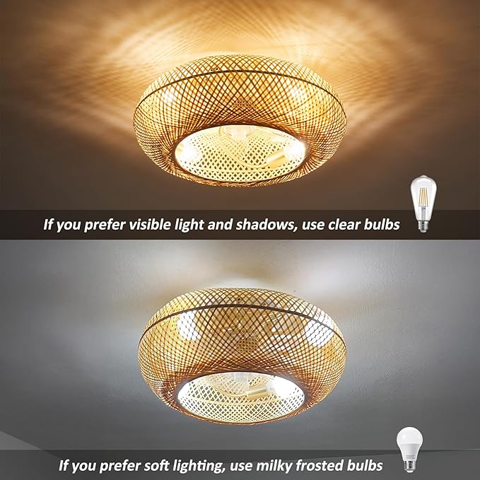 20" Boho Ceiling Fans with Lights,Rattan Caged Flush Mount Ceiling Fan with Light, Enclosed Timing 6 Speeds Reversible for Living Room Bedroom Dining Room