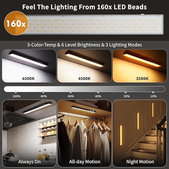 1Pack Touch Control Under Cabinet Lighting, 160LED Super Bright, 4000mAh Long-Lasting, Magnetic Rechargeable Motion Sensor Under Counter Lights for Kitchen, Closet, Remote, Dimmable, 3CC丨Black