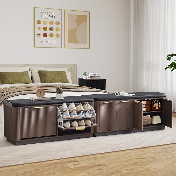 43.3''W Fluted Entryway Shoe Storage Bench with 4 Doors and Adjustable Shelf, 2-Tier Entry Bench Seat with Shoe Storage and Cushion, Shoe Cabinet Bench for End of Bed, Foyer - Espresso