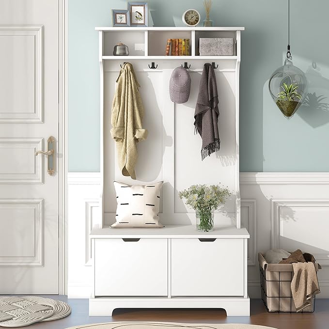 RUNNA Modern All in One Hall Tree with 3 Top Shelves and 2 Flip Shoe Storage Drawers,Bench and 4 Metal Hooks,Wood Organizer for Hallway Entryway Use (White@q)