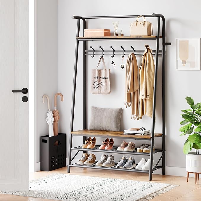 Coat Rack Hall Tree with Shoe Storage Bench, 4-in-1 Entryway Organizer, 6 Hooks & 3-Tier Shoe Rack, Freestanding Metal Frame for Hallway, Front Door