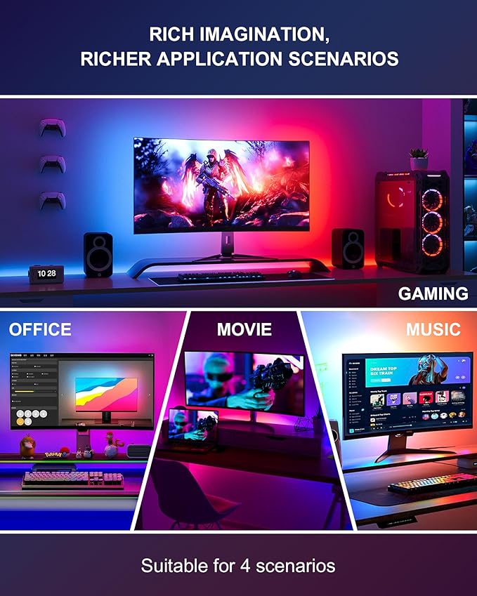 TV LED Backlight, 4 Pre-Cut 1.64ft/6.56ft Short LED Light Strip for Shelves, Remote and APP Control, USB-A/C RGB Color Changing Gaming Lights with DIY Mode and Music Mode, 96 LEDs