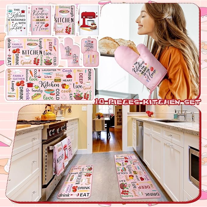 Fourluoo 10 Pcs Cuisine Pink Kitchen Decor and Accessories Set Pink Kitchen Towels Rugs Pot Holders Oven Mitts for Chef Cooking Baking Mom Housewarming Gifts