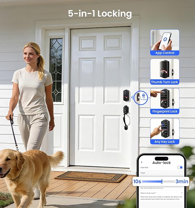 Veise VE017 Fingerprint Smart Door Lock, App Control, 8-in-1 Keyless Entry, Auto Lock, Emergency Power Port, Electronic Touchscreen Keypad, Biometric Smart Locks for Front Door, Matte Black