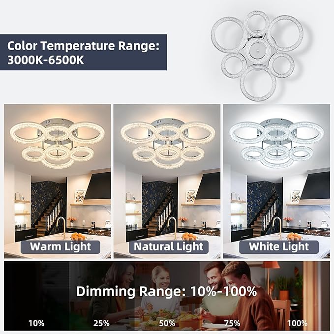 OKELI Modern Ceiling Light, 7 Rings 23'' Dimmable LED 106W Flush Mount Ceiling Lights with Remote Acrylic Crystal Round Ceiling Light Fixture, Bedroom Living Room Dining Room, Chrome