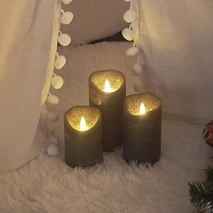 Candle Choice Battery Operated Flameless Candles with Timer Real Wax Realistic Flickering Electric LED Pillars Automatic Built-in Daily Cycle Timer 6-Hour on 18-Hour Off Set of 3 Rustic Texture Gray