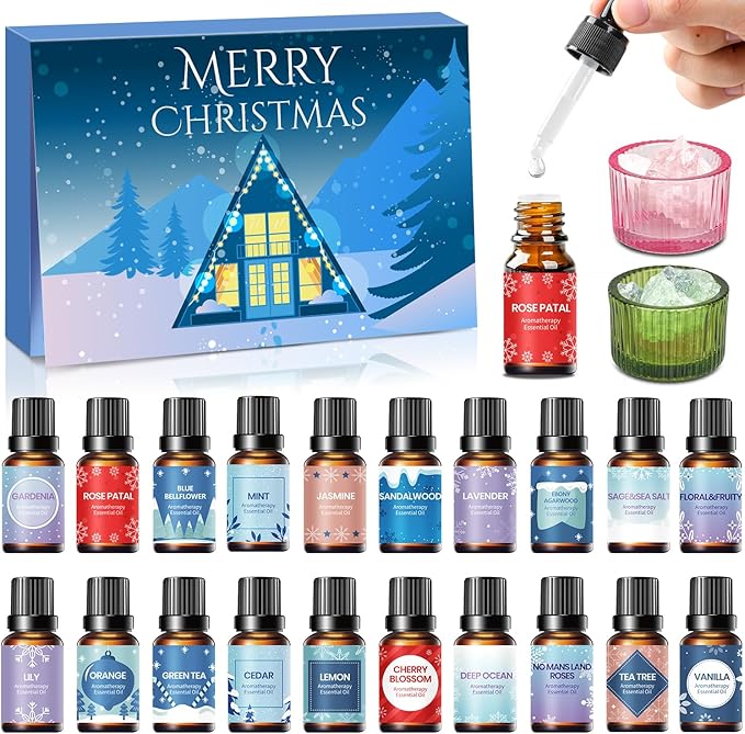 MOVINPE Essential Oils Advent Calendar for Women Adults, 24 Days of Aromatherapy Gift Set with Diffuser Stone & Glass Tealight Holders Dropper, Christmas Countdown Gifts for Moms, Wife, Girlfriend, Sister