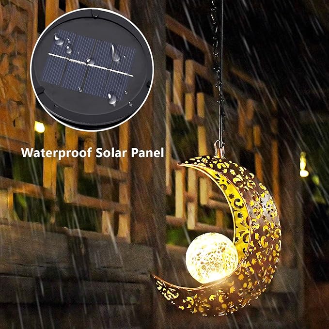 Solar Lights Outdoor Waterproof Garden Decor Hanging Moon Lanterns with Crackle Glass Ball LED for Garden Patio Yard Porch, Unique Gardening Gifts for Women Mom Grandma