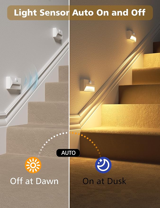 NIORSUN Motion Sensor Stair Lights Indoor, 2000mAh Battery Operated Night Light, 3 Color Temperature with Light Sensor for Stairway, Hallway, Bathroom, Kitchen, Bedroom White 4 Pack