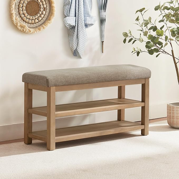 2 Tier Shoe Rack Bench with Cushion, Solid Wood Shoe Benches, Mid-Century Modern Shoe Storage Bench for Entryway, Hallway, Living Room, Closet, Front Door Entrance, (Brown, 39.4")